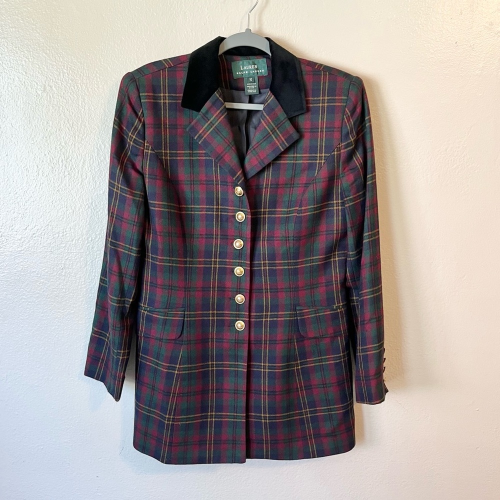 Lauren Ralph Lauren Vintage Wool Plaid Blazer Gold Crest Velvet Collar Size 10